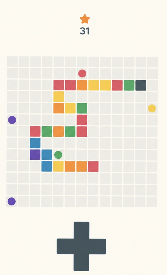 BAEM Snake Game 플레이 화면 — 점수 31, 곡선 경로의 긴 다색 뱀