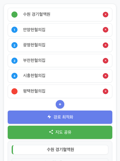 Optimal Route Planner — 헌혈의 집 6곳을 잇는 최적 경로와 거리 행렬 시각화
