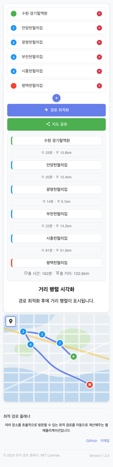 최적 경로 플래너 모바일 화면 — 6개 지점의 마커가 보라색 경로선으로 연결된 지도와 방문 순서 목록