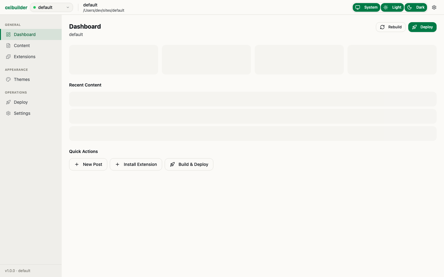 oxibuilder admin console dashboard — sidebar with Dashboard/Content/Extensions/Themes/Deploy/Settings, stat cards, recent content list, quick actions