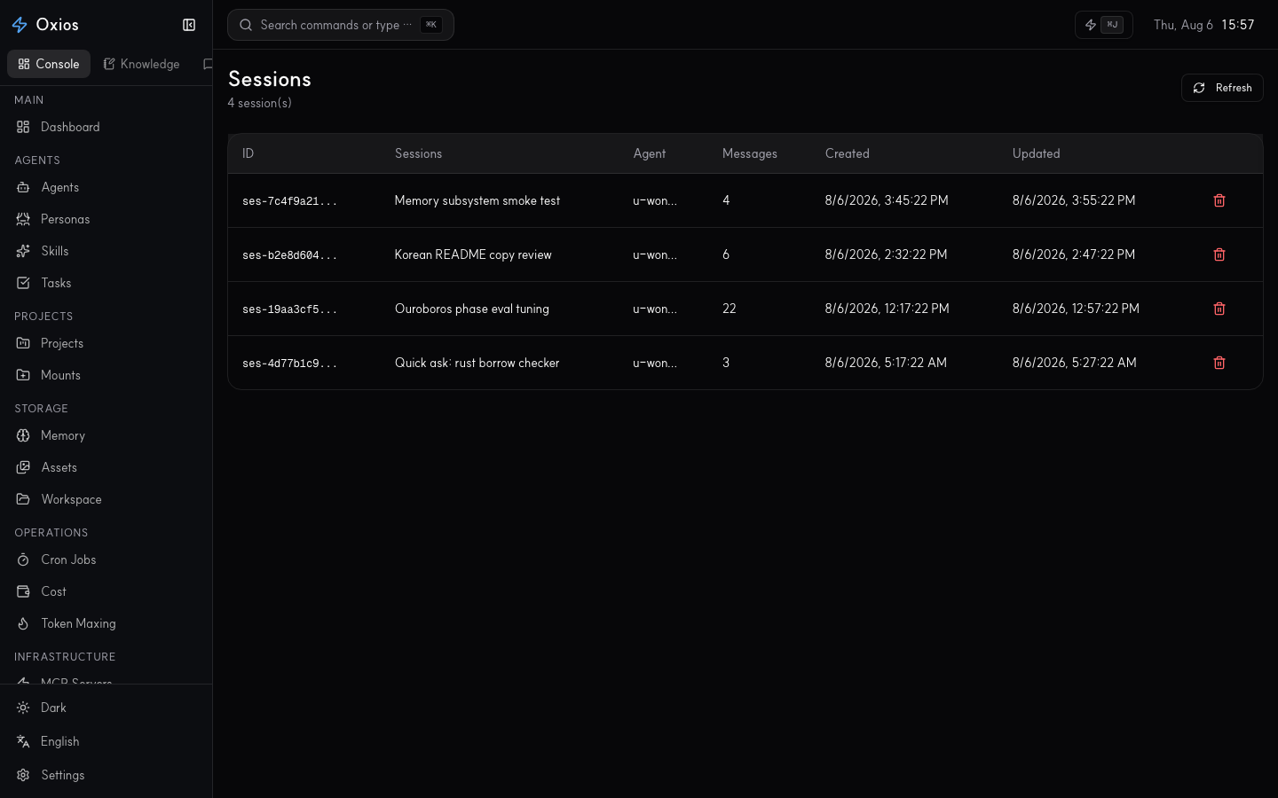oxios Sessions list — 4 sessions with IDs, agent, message counts, timestamps