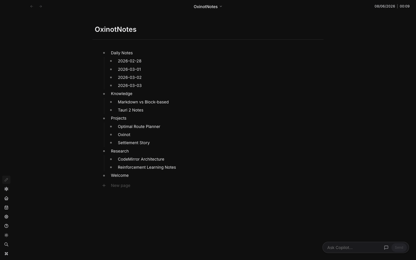 Oxinot 메인 화면 — Daily Notes / Knowledge / Projects / Research / Welcome가 펼쳐진 파일 트리