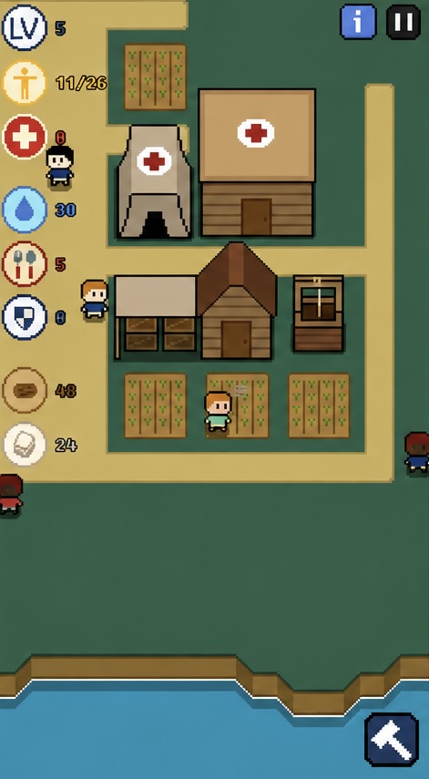 Settlement Story 초기 화면 — 텐트, 농부, 작물 밭, 자원 카운터